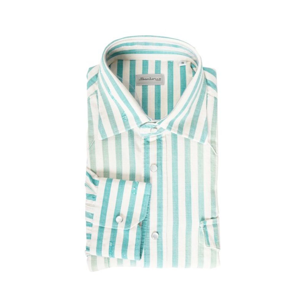 Sartorio Jumbo Pinstripe Denim Snap Button Cotton Overshirt
